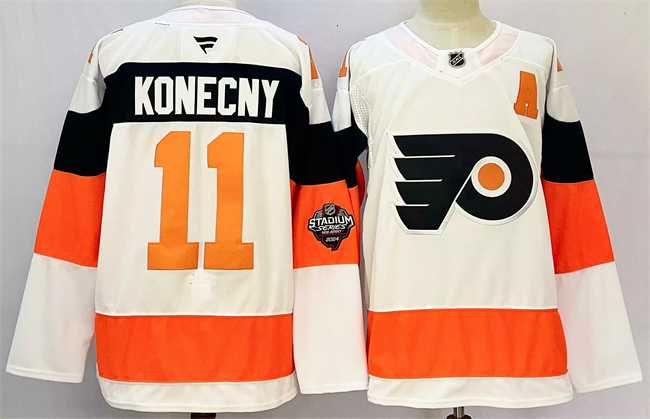 Mens Philadelphia Flyers #11 Travis Konecny White 2024-25 With A Patch Stitched Jersey